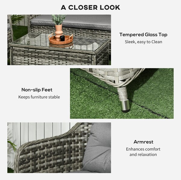 Outsunny 4 Pieces PE Rattan Wicker Sofa Set Outdoor Conservatory Furniture Lawn Patio Coffee Table w/ Cushion, Grey Aosom UK