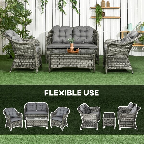 Outsunny 4 Pieces PE Rattan Wicker Sofa Set Outdoor Conservatory Furniture Lawn Patio Coffee Table w/ Cushion, Grey Aosom UK