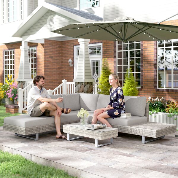 Outsunny 5-Seater Rattan Garden Furniture Wicker Conservatory Corner Sofa Set Chaise Lounge with Coffee Table, Side Table & Cushions – Grey