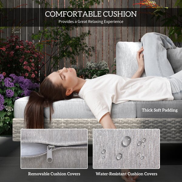 Outsunny 5-Seater Rattan Garden Furniture Wicker Conservatory Corner Sofa Set Chaise Lounge with Coffee Table, Side Table & Cushions – Grey