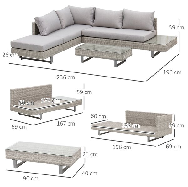 Outsunny 5-Seater Rattan Garden Furniture Wicker Conservatory Corner Sofa Set Chaise Lounge with Coffee Table, Side Table & Cushions – Grey