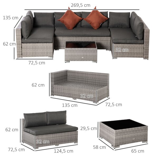 Outsunny 6-Seater Garden Rattan Furniture PE Rattan Sofa Set, Outdoor All Weather Conservatory Furniture, w/ Tempered Glass Coffee Table Aosom UK