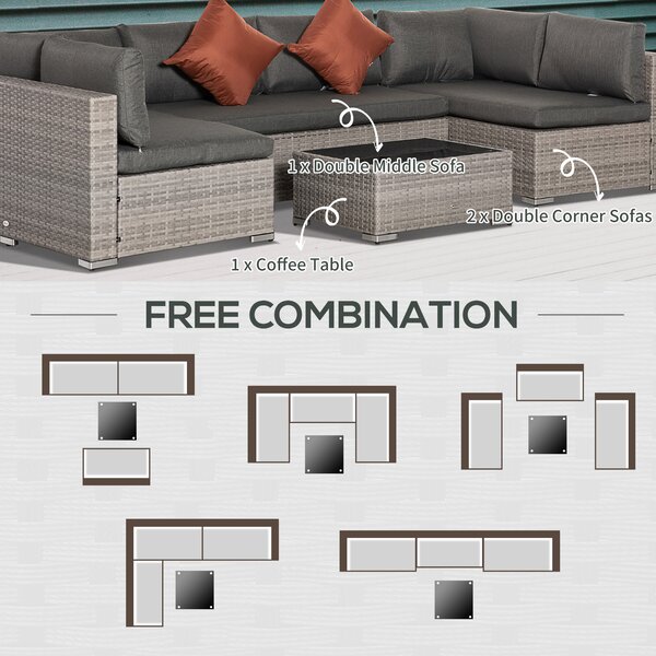 Outsunny 6-Seater Garden Rattan Furniture PE Rattan Sofa Set, Outdoor All Weather Conservatory Furniture, w/ Tempered Glass Coffee Table Aosom UK