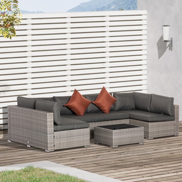 Outsunny 6-Seater Garden Rattan Furniture PE Rattan Sofa Set, Outdoor All Weather Conservatory Furniture, w/ Tempered Glass Coffee Table Aosom UK