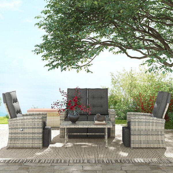 Outsunny 4 Piece Rattan Garden Furniture Set Outdoor Sofa Sectional Set with Glass Top Table for Yard, Poolside, Light Grey Aosom UK
