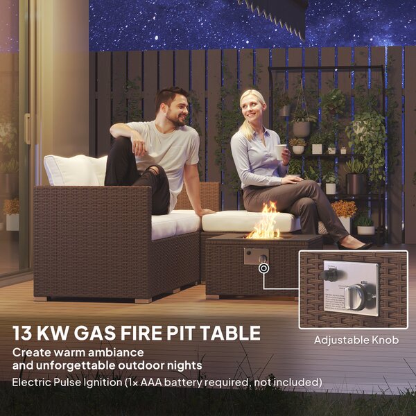Outsunny Five Piece Rattan Garden Furniture Set with Gas Fire Pit Table and Footstool - Brown and Cream White