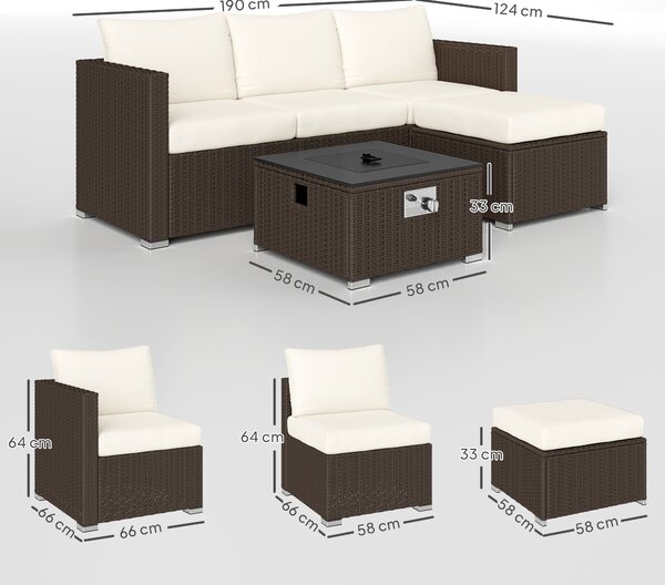 Outsunny Five Piece Rattan Garden Furniture Set with Gas Fire Pit Table and Footstool - Brown and Cream White