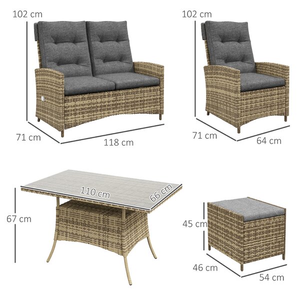 Outsunny Six-Piece Rattan Garden Set, with Reclining Chairs - Grey
