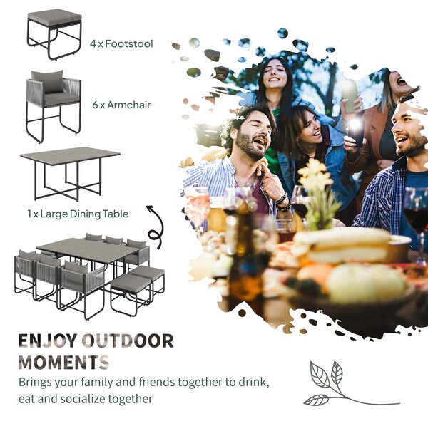 Outsunny 10 Seater Rattan Cube Garden Furniture Set, Rattan Dining Set with Cushions, Outdoor Dining Table and Chairs with 6 Armchairs, 4 Stools, Rectangular Wood Grain Plastic Top Table, Grey