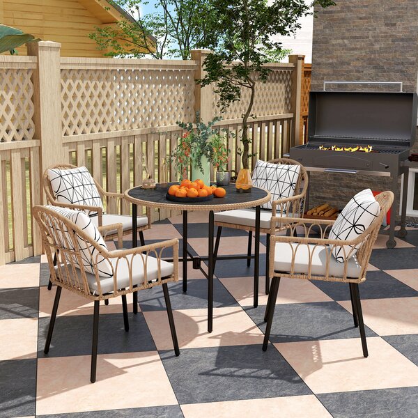 Outsunny 5 Piece Patio Rattan Dining Set, Wicker Garden Table and Chairs w/ Removable Seat & Back Cushions, Round Tempered Glass Tabletop, Parasol Hole, Outdoor Furniture Conservatory Set, Light Brown