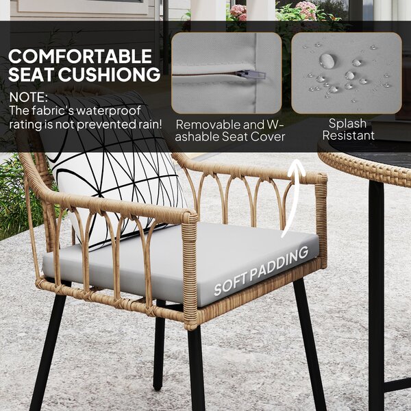 Outsunny 5 Piece Patio Rattan Dining Set, Wicker Garden Table and Chairs w/ Removable Seat & Back Cushions, Round Tempered Glass Tabletop, Parasol Hole, Outdoor Furniture Conservatory Set, Light Brown