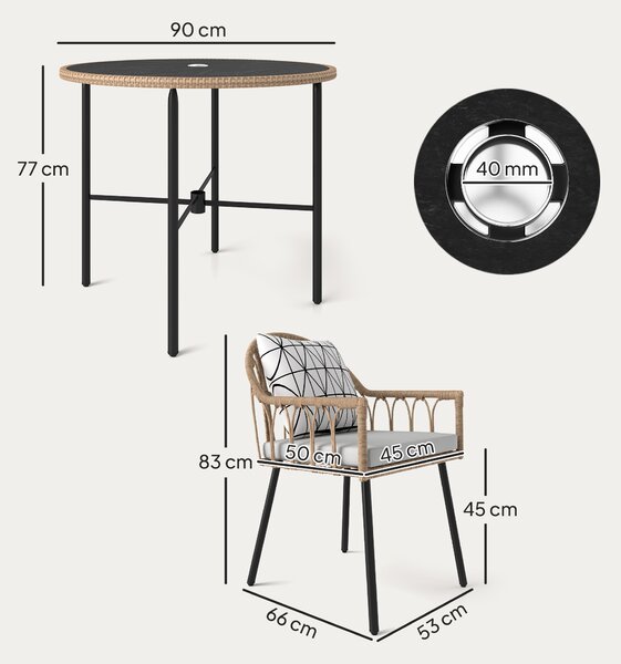 Outsunny 5 Piece Patio Rattan Dining Set, Wicker Garden Table and Chairs w/ Removable Seat & Back Cushions, Round Tempered Glass Tabletop, Parasol Hole, Outdoor Furniture Conservatory Set, Light Brown