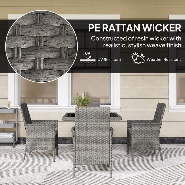 Outsunny Rattan Garden Furniture Set, Outdoor Dining Table and Chairs 4 Seater with Cushions, Square Tempered Glass Top, 4 Armchairs, for Balcony, Terrace, Conservatory, Grey