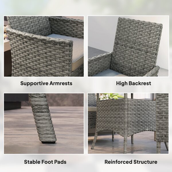 Outsunny Rattan Garden Furniture Set, Outdoor Dining Table and Chairs 4 Seater with Cushions, Square Tempered Glass Top, 4 Armchairs, for Balcony, Terrace, Conservatory, Grey