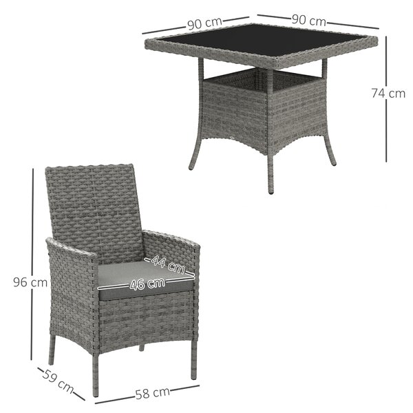 Outsunny Rattan Garden Furniture Set, Outdoor Dining Table and Chairs 4 Seater with Cushions, Square Tempered Glass Top, 4 Armchairs, for Balcony, Terrace, Conservatory, Grey