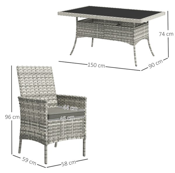 Outsunny Rattan Garden Furniture Set, 6 Seater Outdoor Dining Table and Chairs with Cushions, 150 x 90cm Rectangular Tempered Glass Table, 6 Armchairs, for Terrace, Conservatory, Balcony, Mixed-Grey