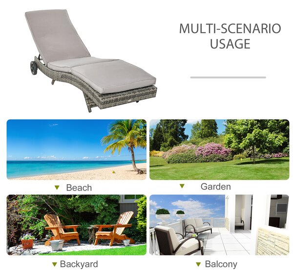 Outsunny Patio Wicker Chaise Lounge Chair, Outdoor PE Rattan Sun lounger with Adjustable Backrest and 2 Wheels