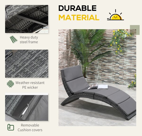Outsunny Garden Patio Rattan Wicker Folding Sun Lounger Recliner Bed Chair with Cushion for Outdoor, Grey