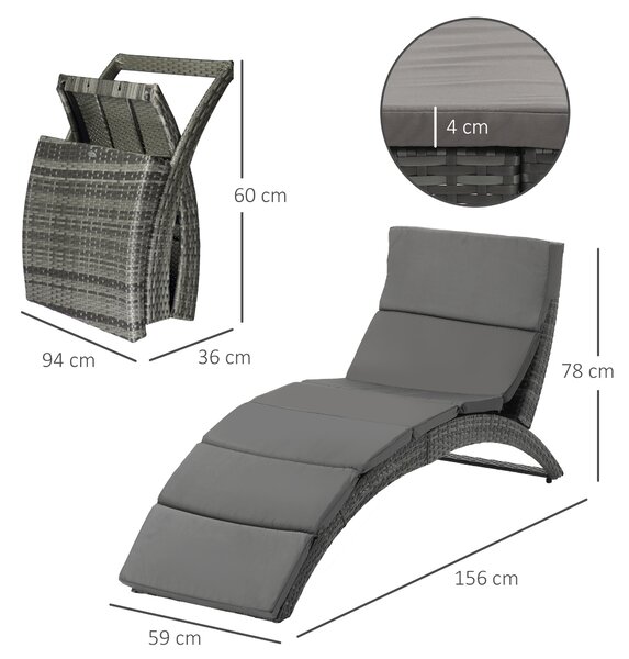 Outsunny Garden Patio Rattan Wicker Folding Sun Lounger Recliner Bed Chair with Cushion for Outdoor, Grey