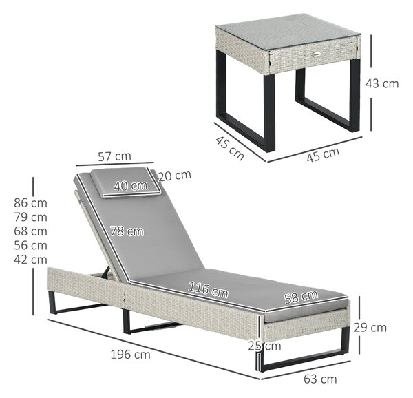Outsunny 3-piece PE Rattan Sun Lounger Set with Adjustable 5-Position Recliner, Patio Chaise Lounge Chair Set with Cushions, Headrests, Glass Top Square Coffee Table, Light Grey