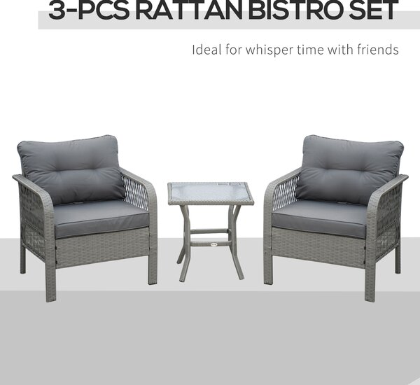 Outsunny 2 Seater Patio PE Rattan Bistro Set, Outdoor Wicker Coffee Table Armrest Chairs Conversation Furniture w/ Cushion, Grey