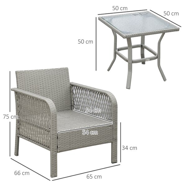 Outsunny 2 Seater Patio PE Rattan Bistro Set, Outdoor Wicker Coffee Table Armrest Chairs Conversation Furniture w/ Cushion, Grey