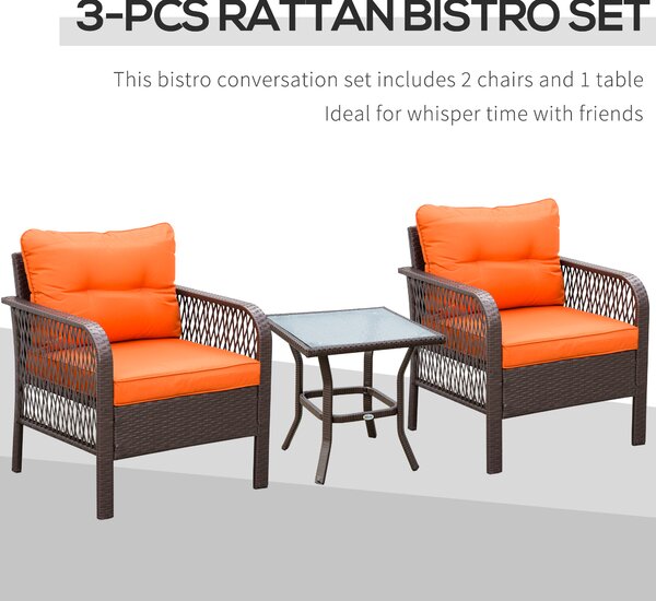Outsunny 3 Pieces Patio PE Rattan Bistro Set, Outdoor Wicker Coffee Table Armrest Chairs Thick Padded Conversation Furniture for Garden Orange