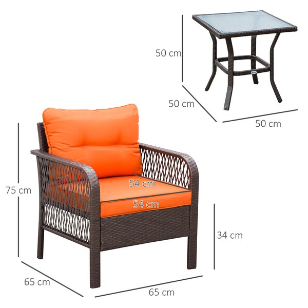 Outsunny 3 Pieces Patio PE Rattan Bistro Set, Outdoor Wicker Coffee Table Armrest Chairs Thick Padded Conversation Furniture for Garden Orange