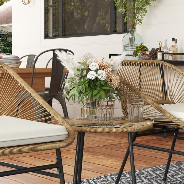 Outsunny 3 Pieces Rattan Bistro Set, Wicker Small Garden Table and Chairs Set with Cushions and Glass Top for Outdoor, Balcony, Natural