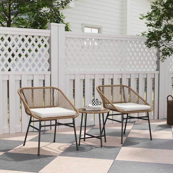 Outsunny 3 Pieces Rattan Bistro Set, Wicker Small Garden Table and Chairs Set with Cushions and Glass Top for Outdoor, Balcony, Natural