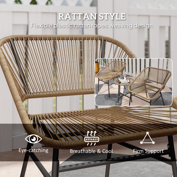 Outsunny 3 Pieces Rattan Bistro Set, Wicker Small Garden Table and Chairs Set with Cushions and Glass Top for Outdoor, Balcony, Natural