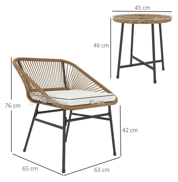 Outsunny 3 Pieces Rattan Bistro Set, Wicker Small Garden Table and Chairs Set with Cushions and Glass Top for Outdoor, Balcony, Natural