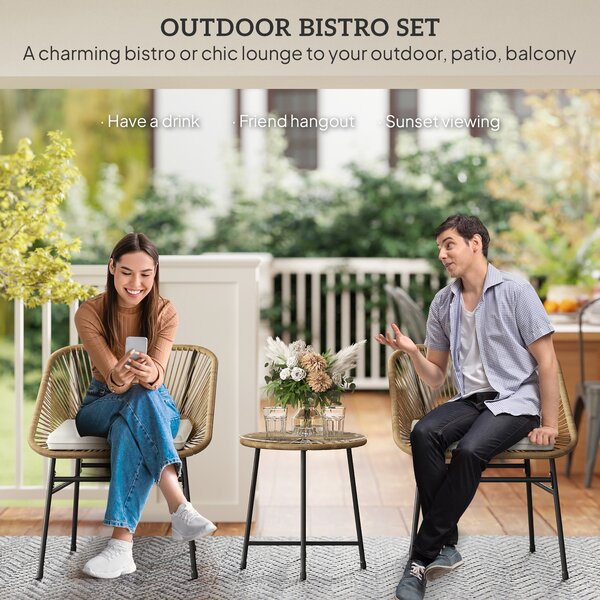 Outsunny 3 Pieces Rattan Bistro Set, Wicker Small Garden Table and Chairs Set with Cushions and Glass Top for Outdoor, Balcony, Natural