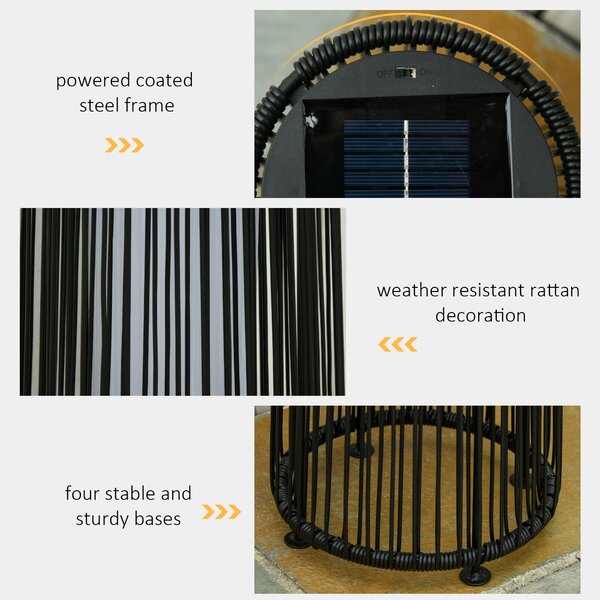 Outsunny Patio Garden Solar Powered Lights Woven Resin Wicker Lantern Auto On/Off for Porch, Yard, Lawn, Courtyard, Black Aosom UK