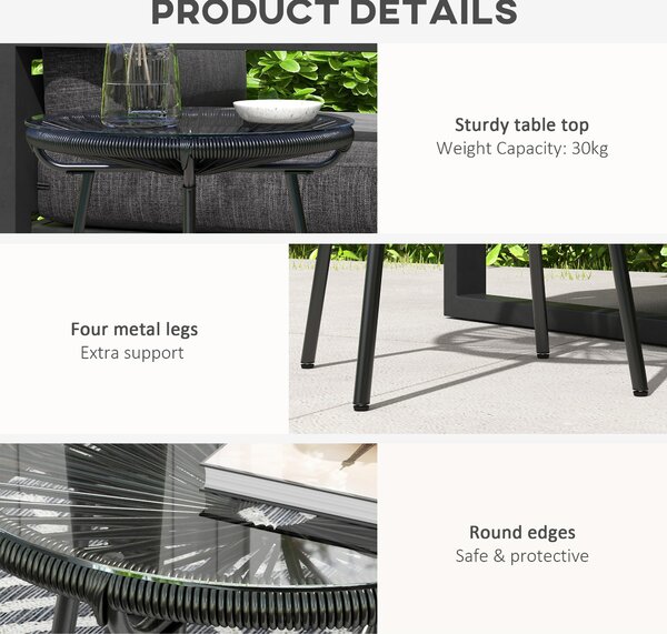 Outsunny Rattan Side Table, Round Outdoor Coffee Table, with Round PE Rattan and Tempered Glass Table Top for Patio, Garden, Balcony, Black