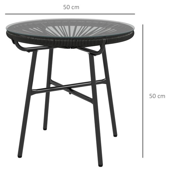 Outsunny Rattan Side Table, Round Outdoor Coffee Table, with Round PE Rattan and Tempered Glass Table Top for Patio, Garden, Balcony, Black