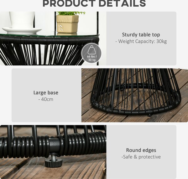 Outsunny Round End Table, Rattan Side Table, Hollow Drum Design Coffee Table w/ Glass Tabletop for Patio, Garden, Balcony Black