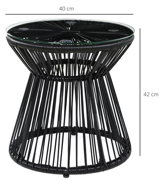 Outsunny Round End Table, Rattan Side Table, Hollow Drum Design Coffee Table w/ Glass Tabletop for Patio, Garden, Balcony Black