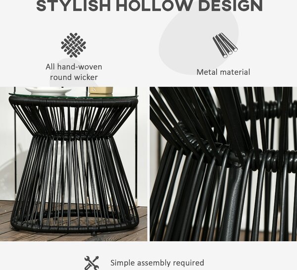 Outsunny Round End Table, Rattan Side Table, Hollow Drum Design Coffee Table w/ Glass Tabletop for Patio, Garden, Balcony Black