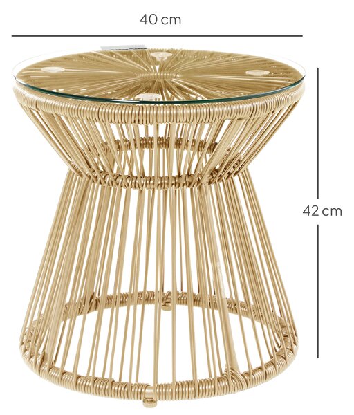 Outsunny Round End Table, Rattan Side Table, Hollow Drum Design Coffee Table w/ Glass Tabletop for Patio, Garden, Balcony Natural