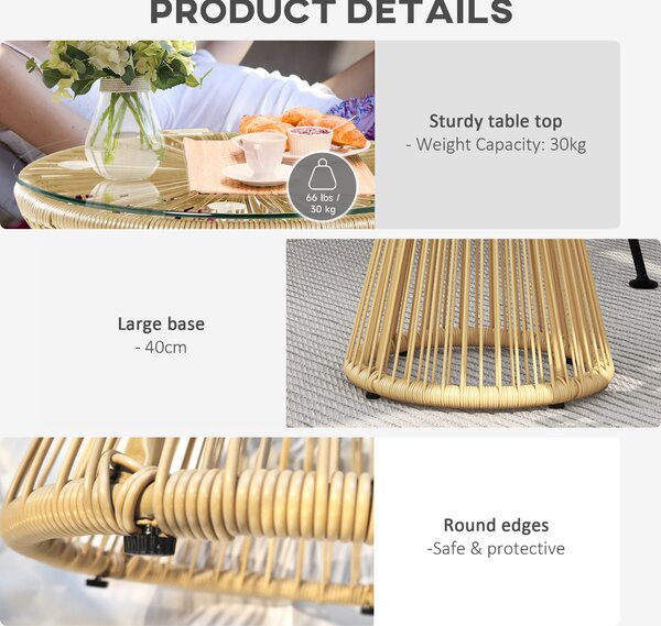 Outsunny Round End Table, Rattan Side Table, Hollow Drum Design Coffee Table w/ Glass Tabletop for Patio, Garden, Balcony Natural