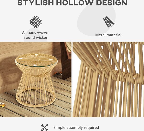 Outsunny Round End Table, Rattan Side Table, Hollow Drum Design Coffee Table w/ Glass Tabletop for Patio, Garden, Balcony Natural