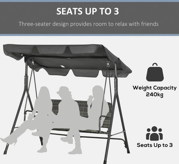 Outsunny 3-person Outdoor PE Rattan Swing Chair, Patio Wicker Hanging Swing Bench with Steel Frame Stand & Adjustable Canopy, Grey