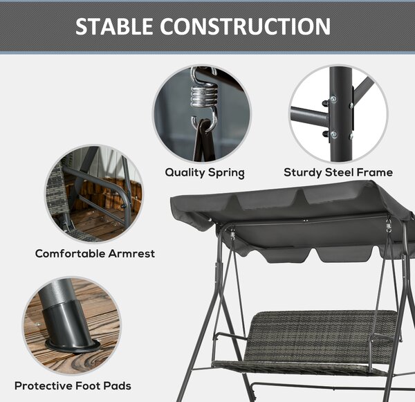Outsunny 3-person Outdoor PE Rattan Swing Chair, Patio Wicker Hanging Swing Bench with Steel Frame Stand & Adjustable Canopy, Grey