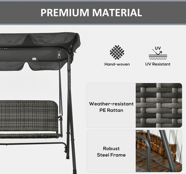 Outsunny 3-person Outdoor PE Rattan Swing Chair, Patio Wicker Hanging Swing Bench with Steel Frame Stand & Adjustable Canopy, Grey