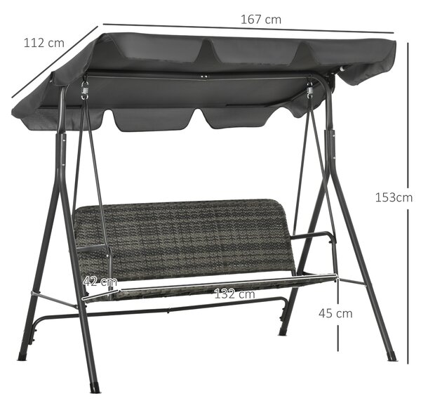 Outsunny 3-person Outdoor PE Rattan Swing Chair, Patio Wicker Hanging Swing Bench with Steel Frame Stand & Adjustable Canopy, Grey