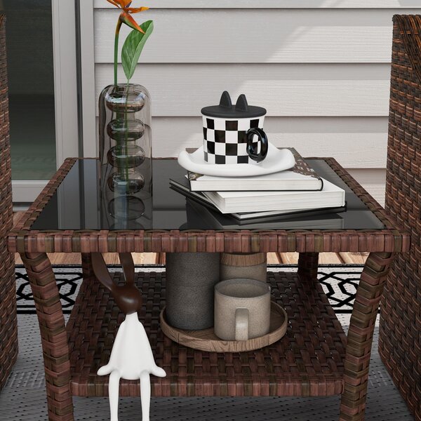 Outsunny 50cm Outdoor PE Rattan Coffee Table, Patio Wicker Two-tier Side Table with Glass Top, for Patio, Garden, Balcony, Brown Aosom UK