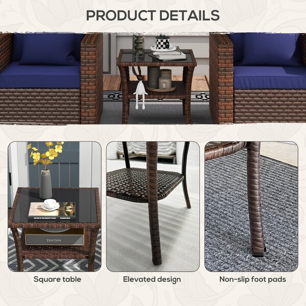 Outsunny 50cm Outdoor PE Rattan Coffee Table, Patio Wicker Two-tier Side Table with Glass Top, for Patio, Garden, Balcony, Brown Aosom UK