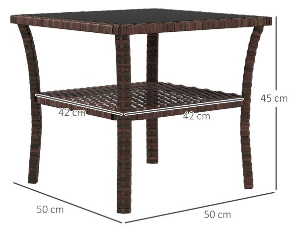 Outsunny 50cm Outdoor PE Rattan Coffee Table, Patio Wicker Two-tier Side Table with Glass Top, for Patio, Garden, Balcony, Brown Aosom UK