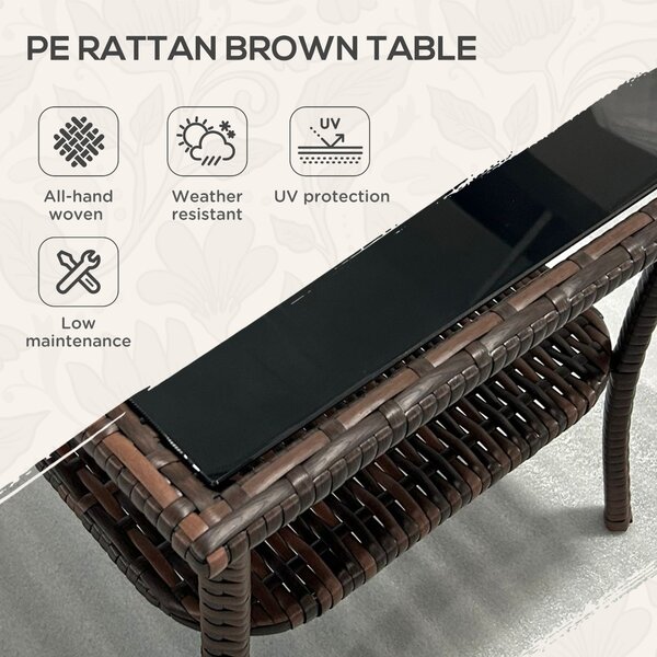 Outsunny 50cm Outdoor PE Rattan Coffee Table, Patio Wicker Two-tier Side Table with Glass Top, for Patio, Garden, Balcony, Brown Aosom UK